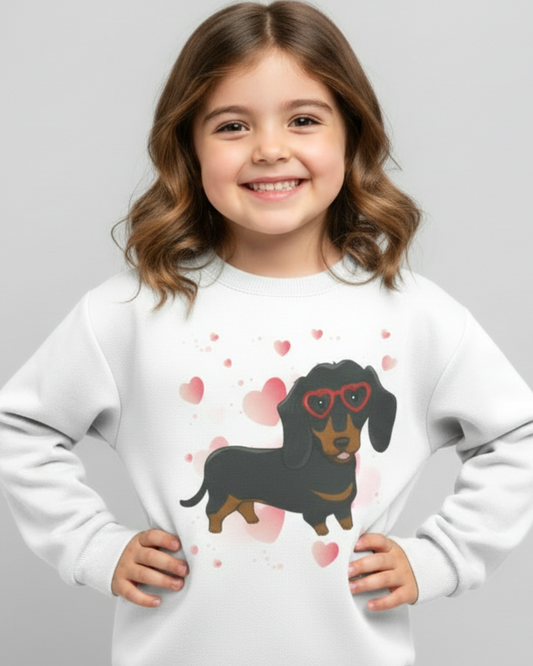 Smiling girl wearing white dachshund heart sweatshirt for kids, hands on hips, grey studio background