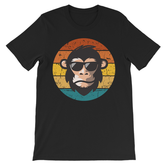 Kids black cotton t-shirt with retro chimp wearing sunglasses and sunset graphic