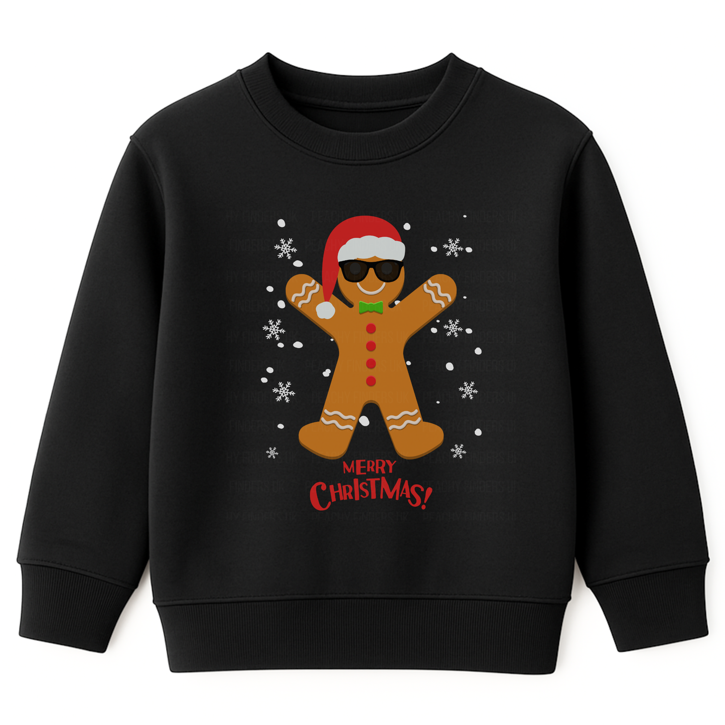 Kids black Christmas sweatshirt featuring a cool gingerbread man wearing a Santa hat and sunglasses with snowflakes and “Merry Christmas!” text.