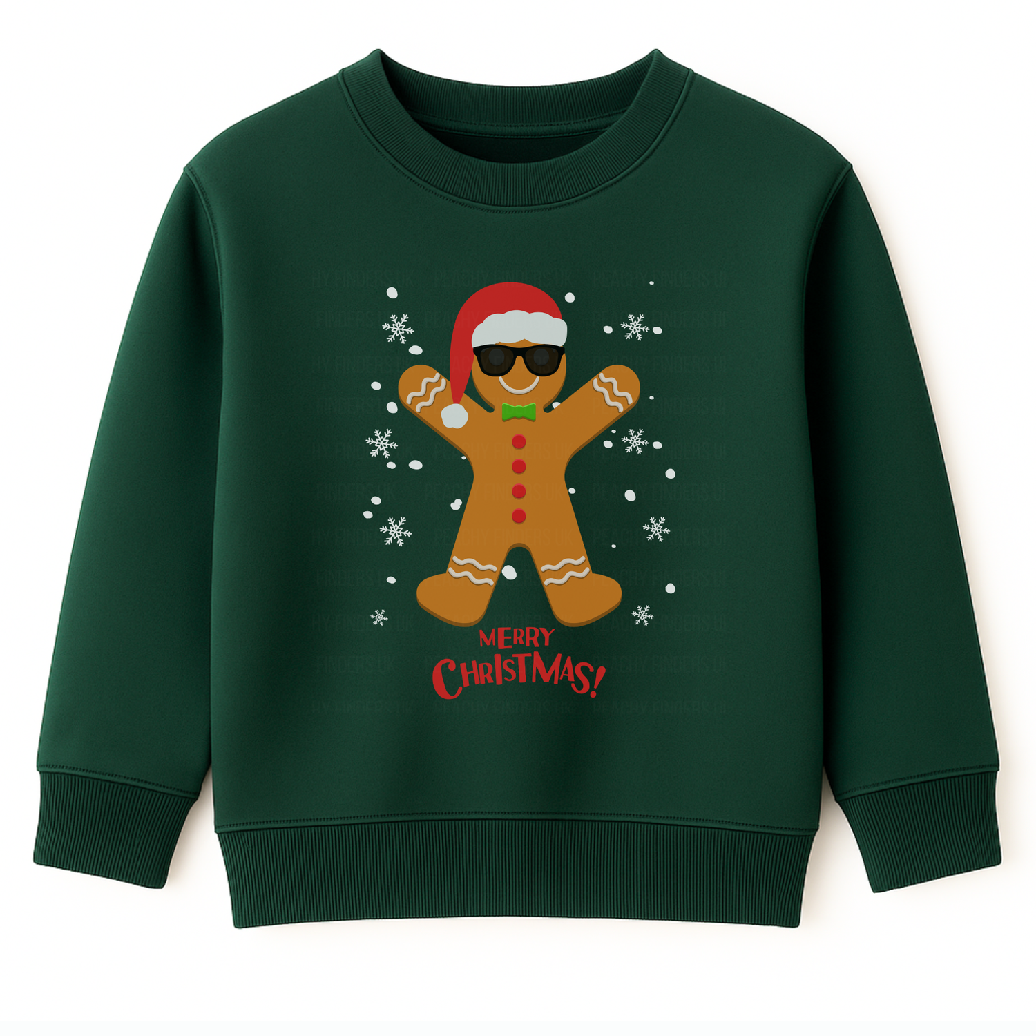 Kids dark green Christmas sweatshirt featuring a cool gingerbread man wearing a Santa hat and sunglasses with snowflakes and “Merry Christmas!” text.