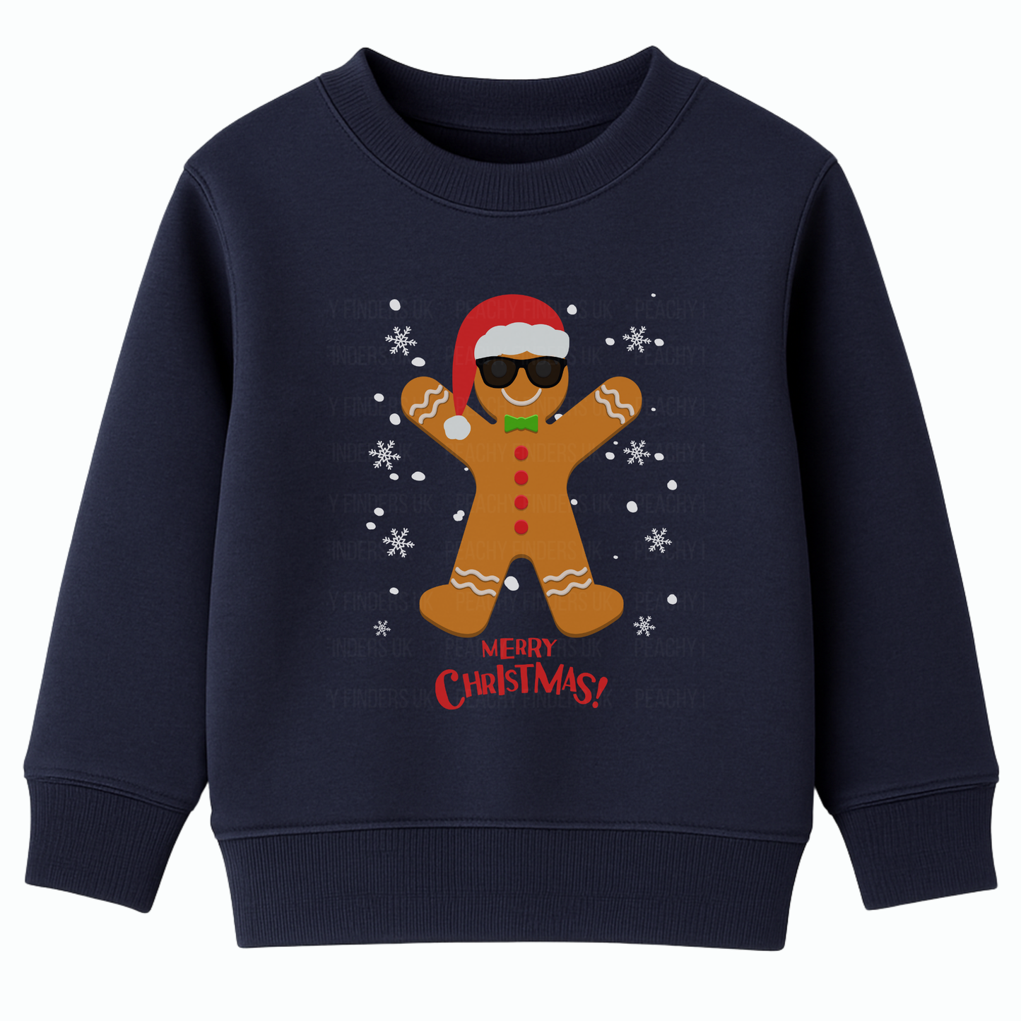 Kids navy Christmas sweatshirt featuring a cool gingerbread man wearing a Santa hat and sunglasses with snowflakes and “Merry Christmas!” text.
