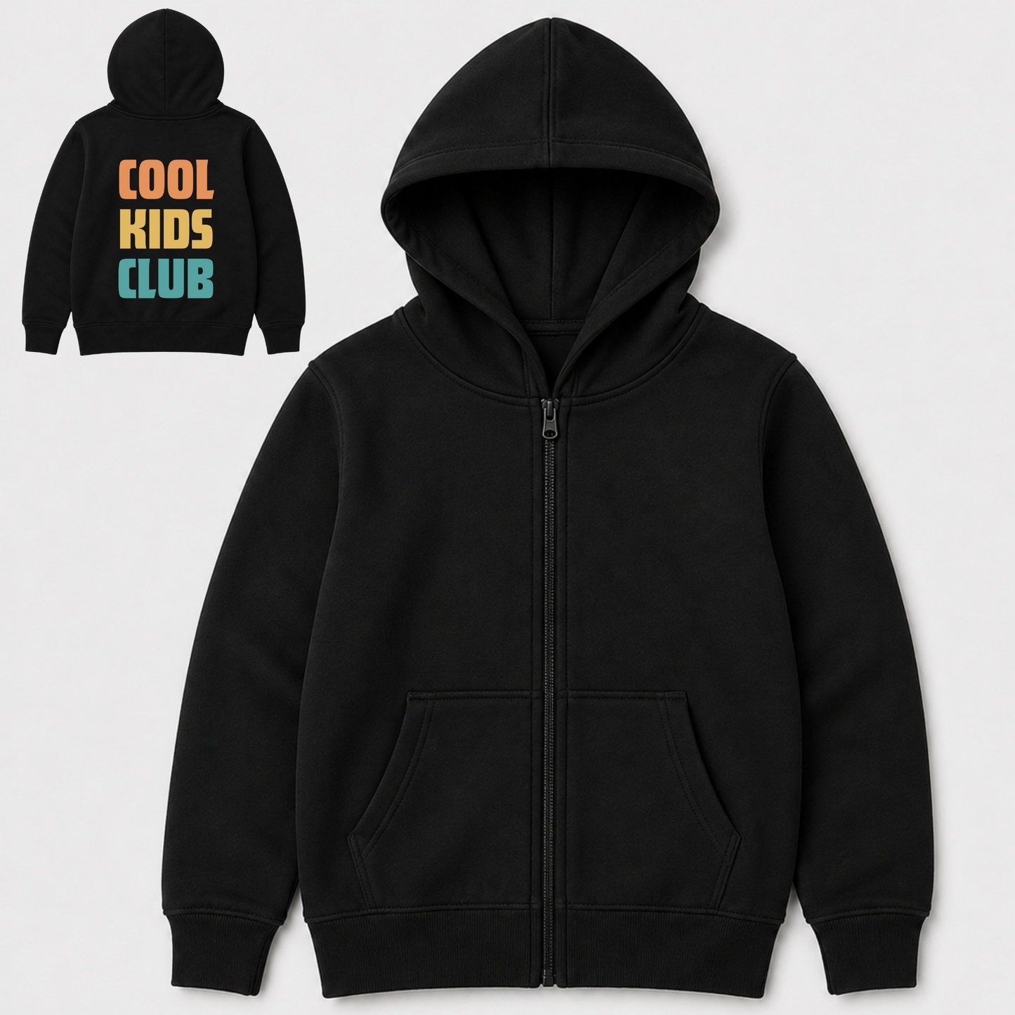A boys black zip-up hoodie with a front kangaroo pocket and hood, shown on a light grey background. A smaller inset at the top left shows the back of the same hoodie with the text 'COOL KIDS CLUB' in orange, yellow, and blue.