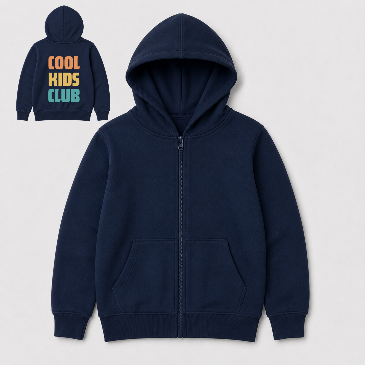 A kids navy blue zip-up hoodie shown from the front, with a small inset image in the upper left showing the back. The back has the words 'COOL KIDS CLUB' printed vertically in orange, yellow, and teal.