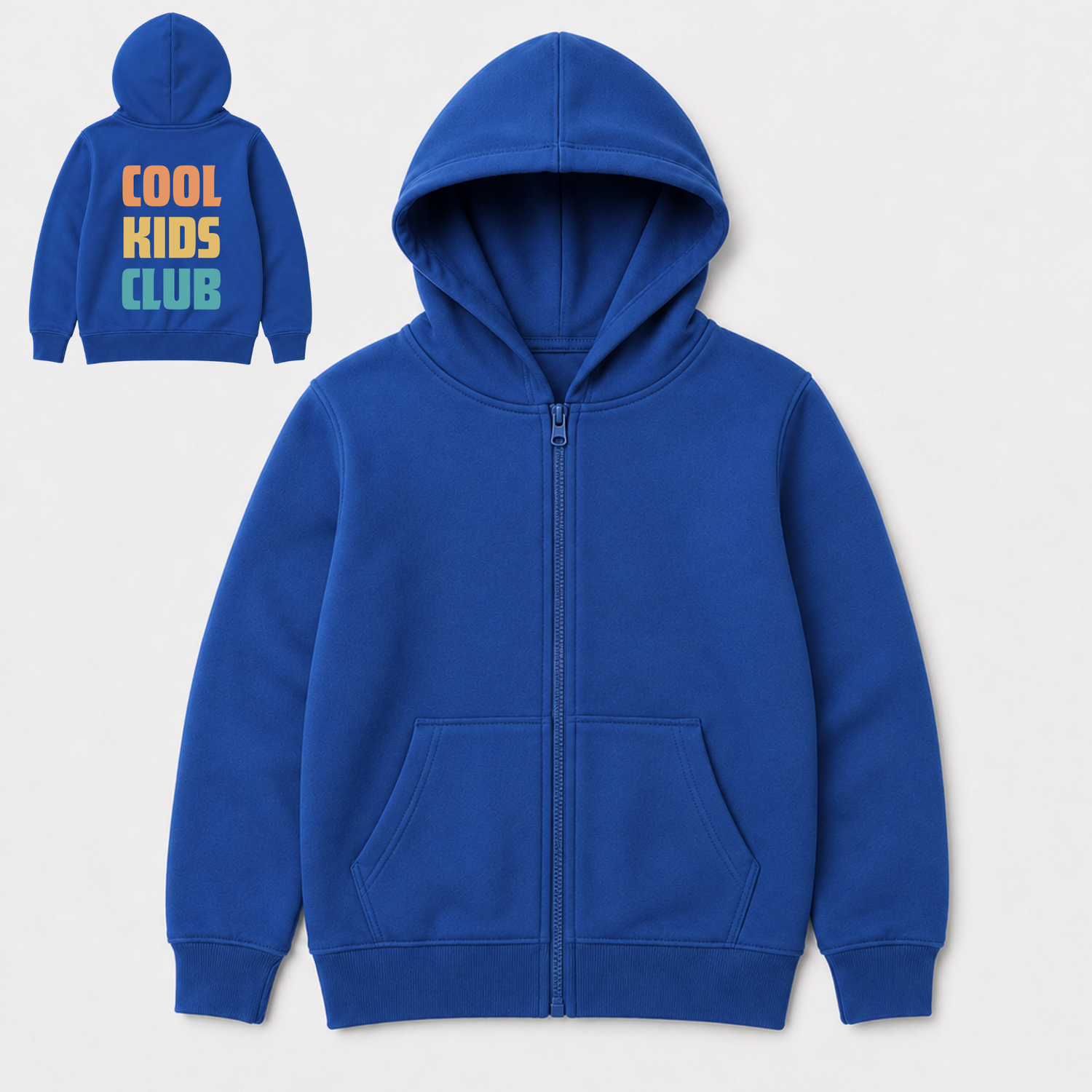 A royal blue zip-up hoodie with a front kangaroo pocket and hood, shown on a light gray background. A smaller inset at the top left shows the back of the same hoodie with the text 'COOL KIDS CLUB' in orange, yellow, and blue.
