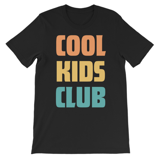 A black short-sleeve crewneck t-shirt featuring the text 'COOL KIDS CLUB' printed on the front in a retro stacked font. The word 'COOL' is in orange, 'KIDS' is in yellow, and 'CLUB' is in teal, all set against a plain white background.