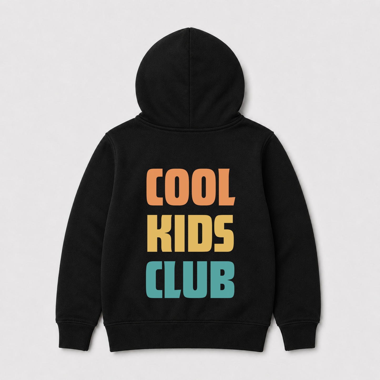 A children's black zip hoodie shown from the back, featuring the text 'COOL KIDS CLUB' printed in large, colourful block letters (orange, yellow, and teal) on the back, set against a light grey background.