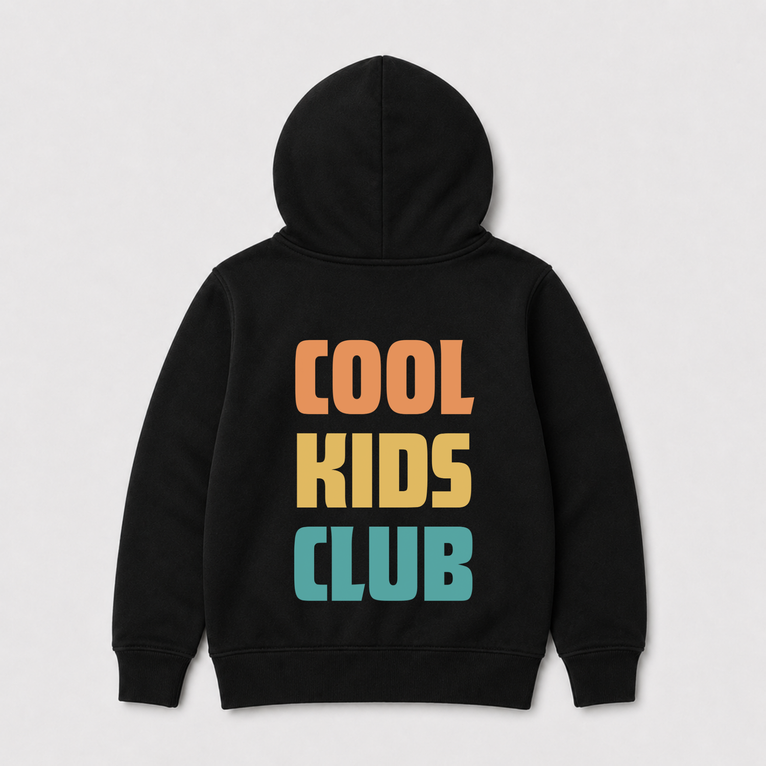 A children's black zip hoodie shown from the back, featuring the text 'COOL KIDS CLUB' printed in large, colourful block letters (orange, yellow, and teal) on the back, set against a light grey background.