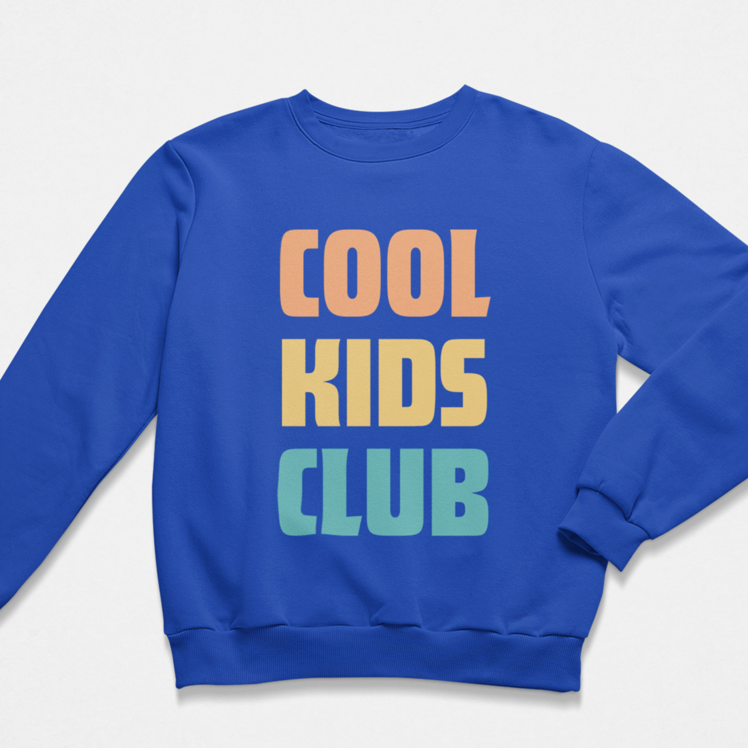 A kids royal blue crewneck sweatshirt with the text 'COOL KIDS CLUB' printed on the front in a retro stacked font. The word 'COOL' is in orange, 'KIDS' is in yellow, and 'CLUB' is in light blue, all set against a clean white background.