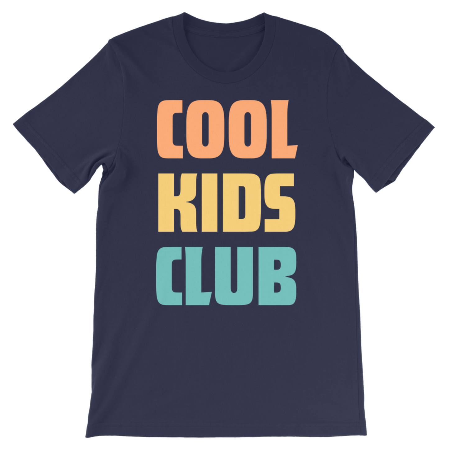 A navy blue short-sleeve t-shirt with the text 'COOL KIDS CLUB' printed on the front in a retro, blocky font. The text is colored in a vertical gradient from orange to yellow to light blue, set against a plain white background.