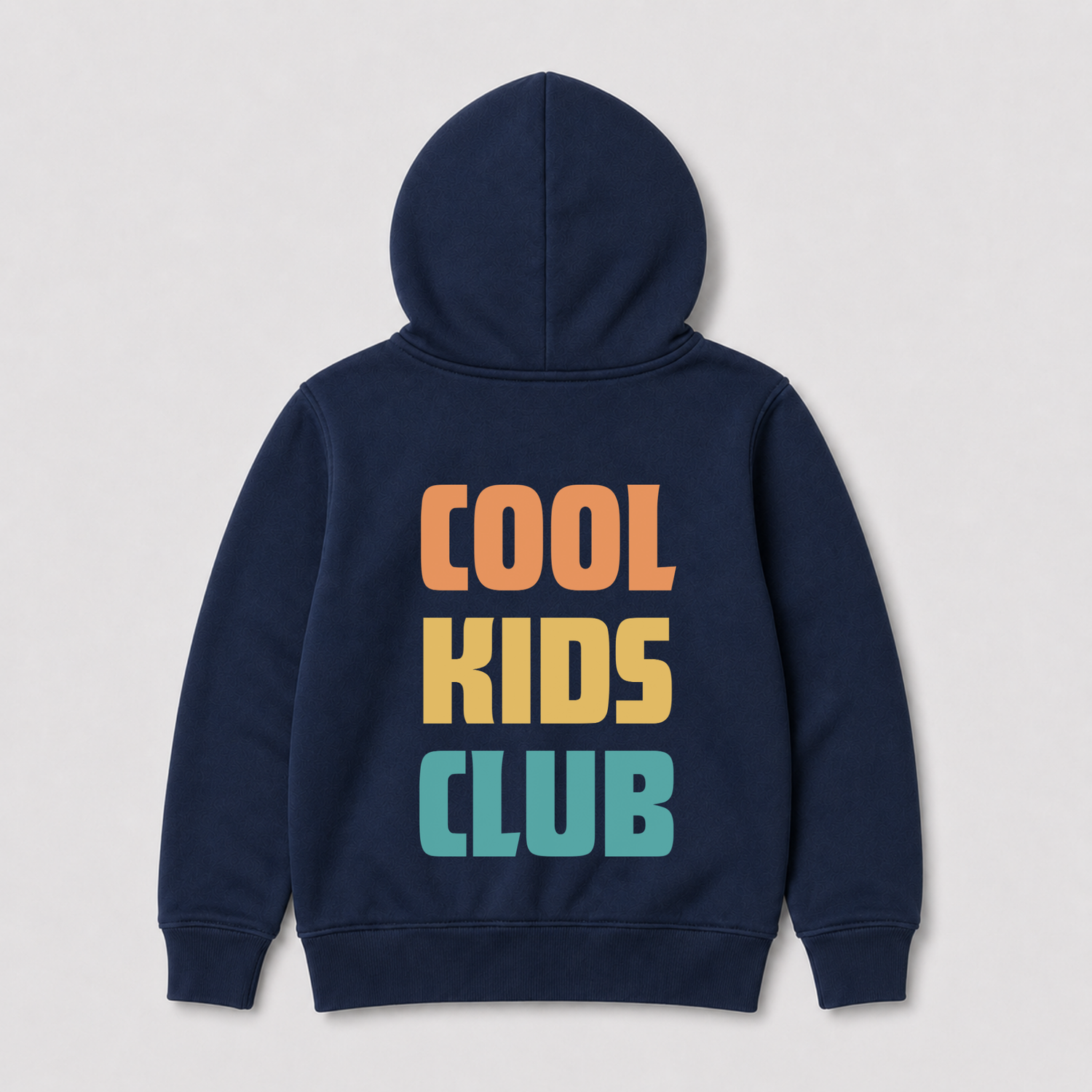 A navy boys hoodie shown from the back, featuring the text 'COOL KIDS CLUB' printed in large, colourful block letters (orange, yellow, and teal) on the back, set against a light grey background.
