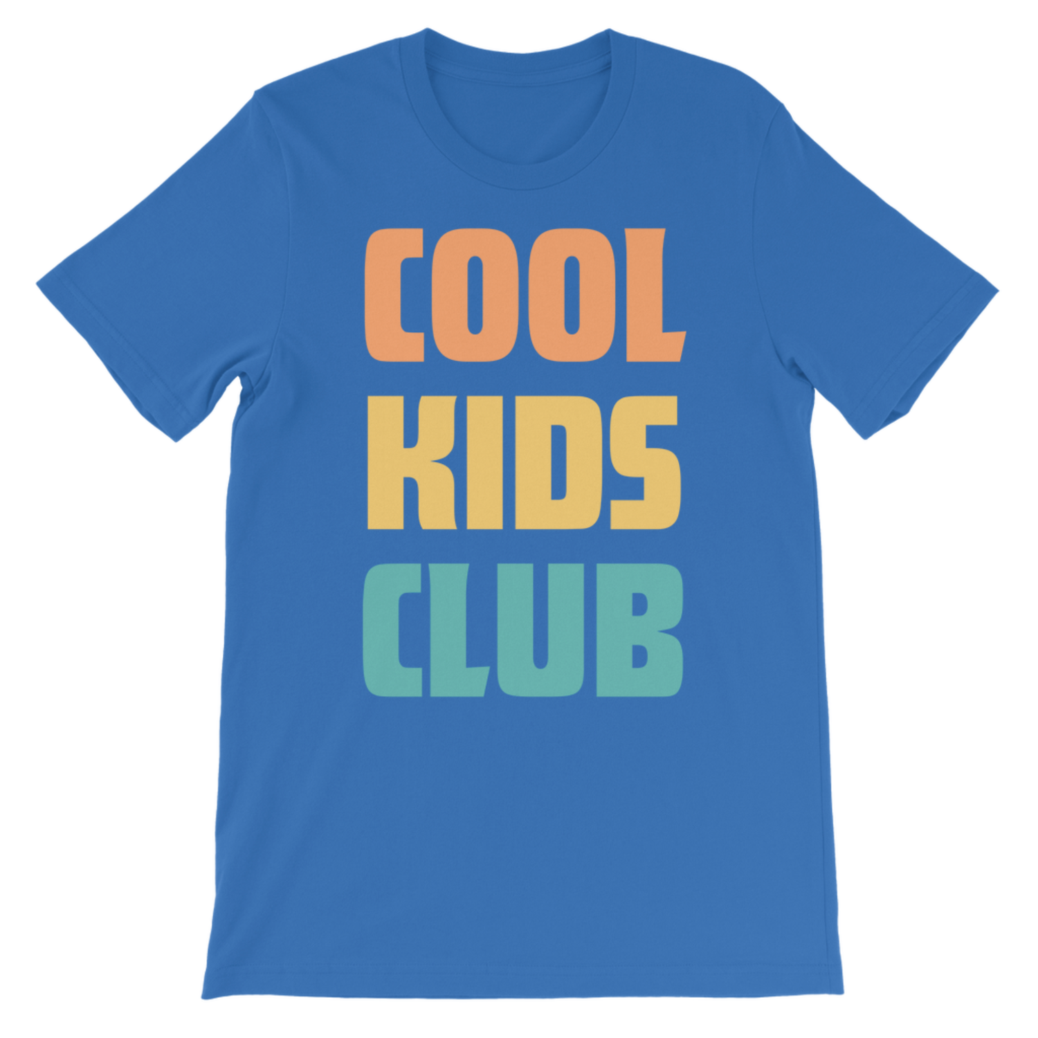 A kids blue short-sleeve crewneck t-shirt featuring the text 'COOL KIDS CLUB' printed on the front in a retro stacked font with orange, yellow, and light green colours.