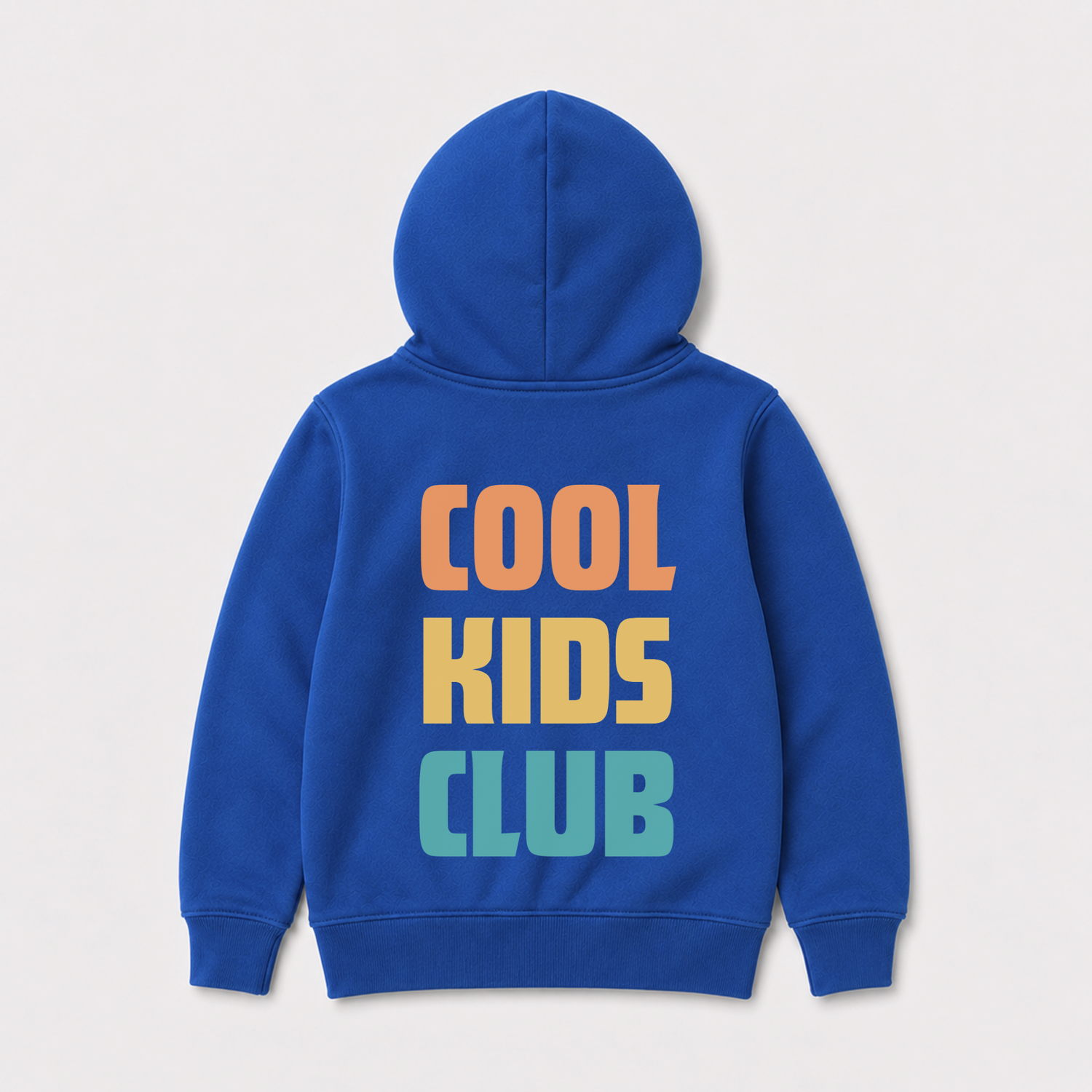 A royal blue children's hoodie shown from the back, featuring the text 'COOL KIDS CLUB' printed in large, colourful block letters (orange, yellow, and teal) on the back, set against a light grey background.