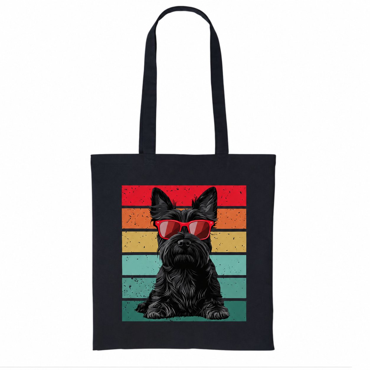 A black cotton tote bag featuring a graphic print of a black Scottie dog wearing red sunglasses in front of a distressed retro rainbow stripe background.