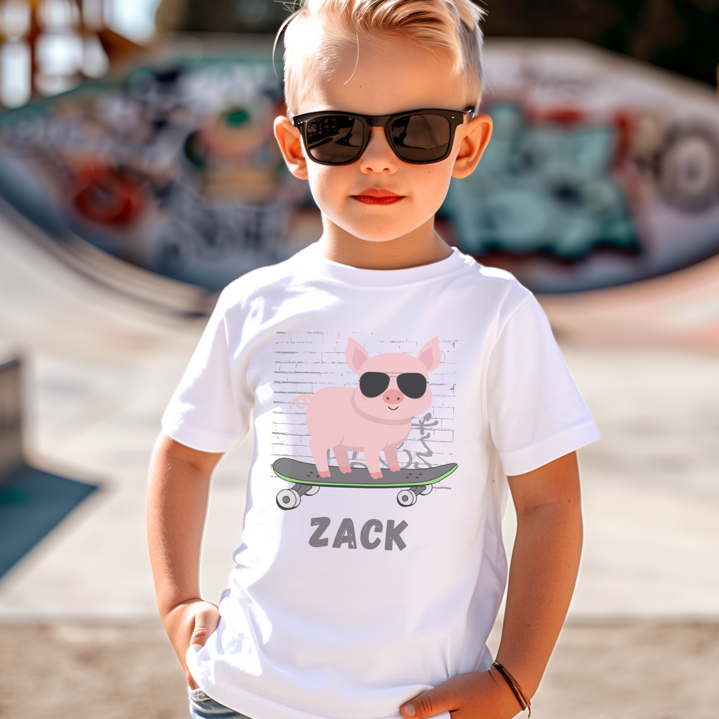 A little boy at a skate park wearing a printed white t-shirt with a pig wearing sunglasses while on a skateboard with his name underneath