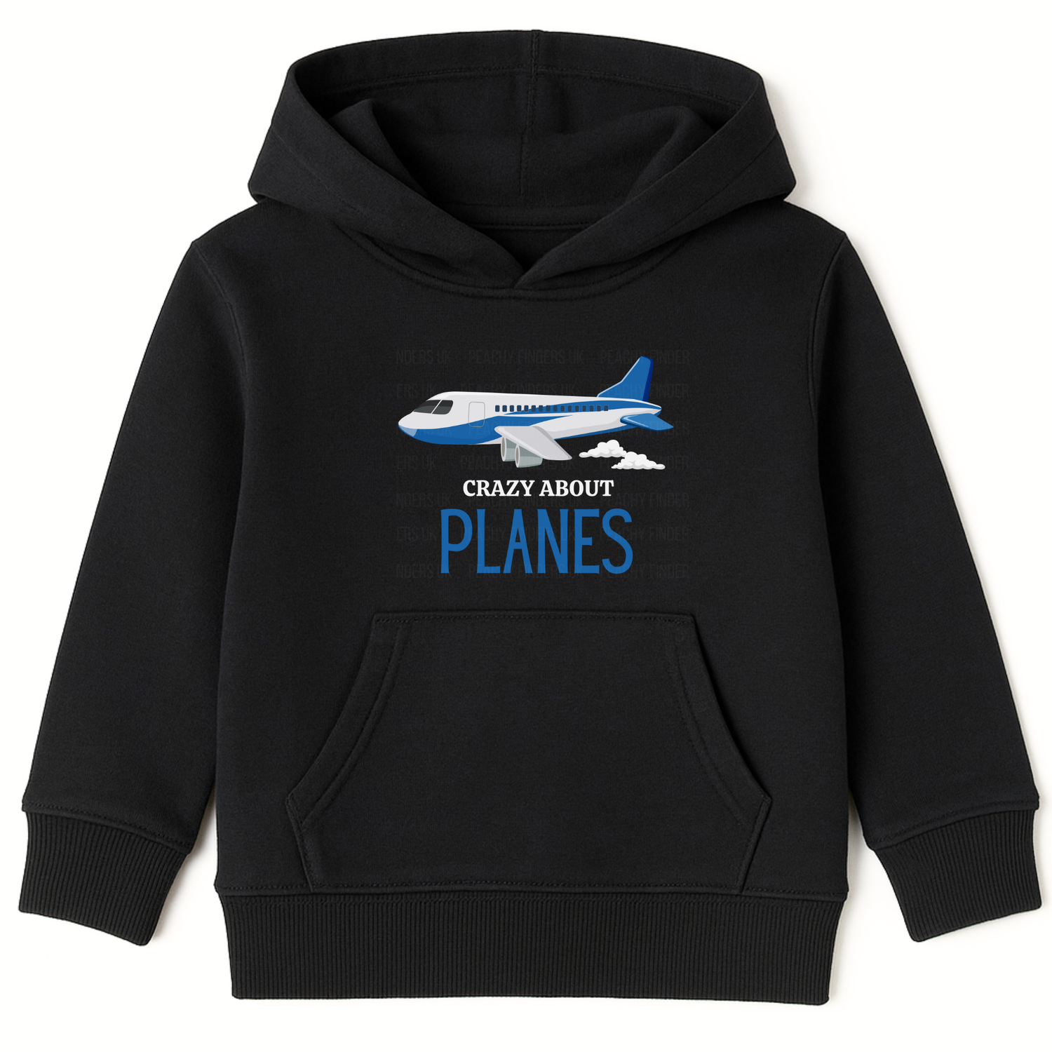Aeroplane graphic pullover hoodie in black for children- flat lay product image.