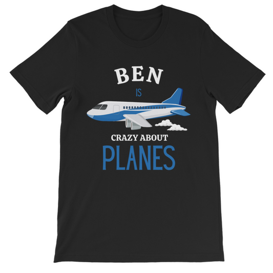 Kids personalised “Crazy About Planes” t-shirt in black with blue airplane design