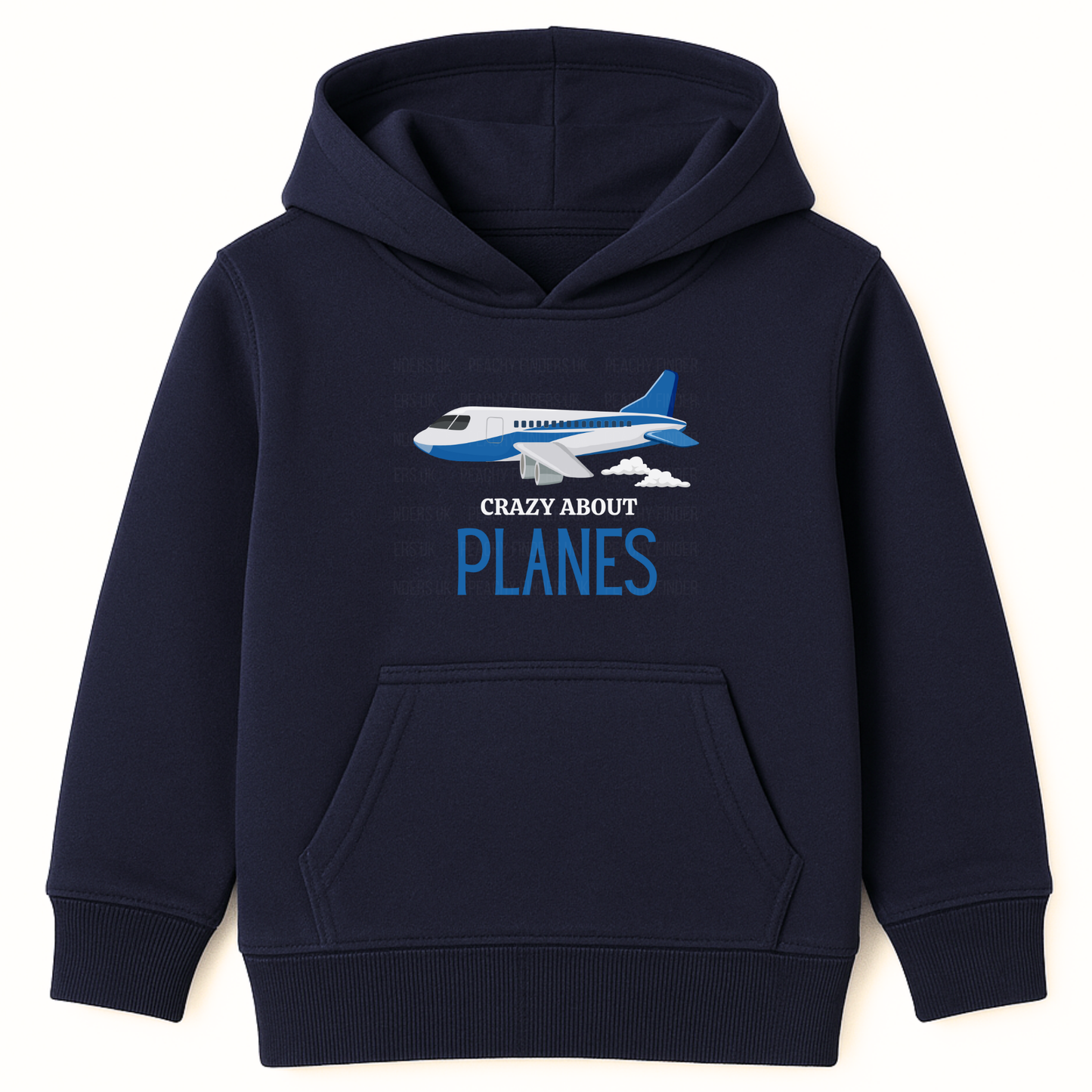 Kids airplane graphic hoodie in navy - flat lay product image.