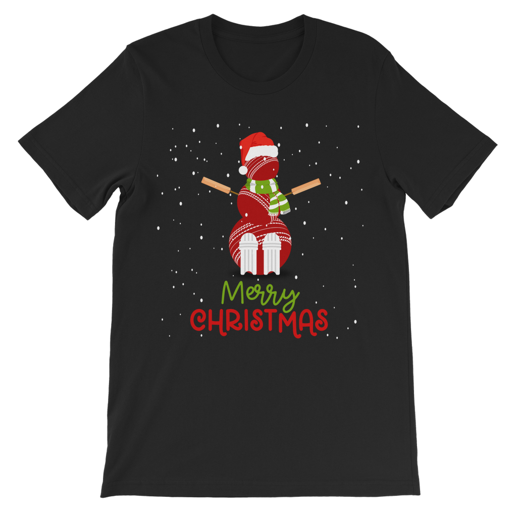 A kids black t-shirt with a graphic of a snowman made up of cricket balls and text 'Merry Christmas' on it.