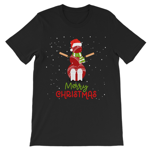 A kids black t-shirt with a graphic of a snowman made up of cricket balls and text 'Merry Christmas' on it.