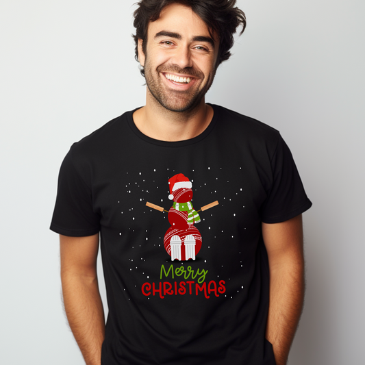 Man wearing a black Merry Christmas t-shirt with a snowman made out of cricket equipment 