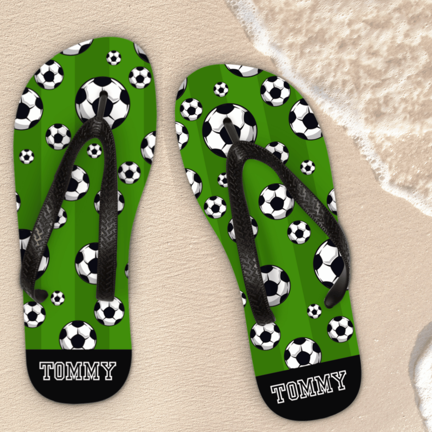 Adults custom name flip flops, football pattern with green soccer pitch background