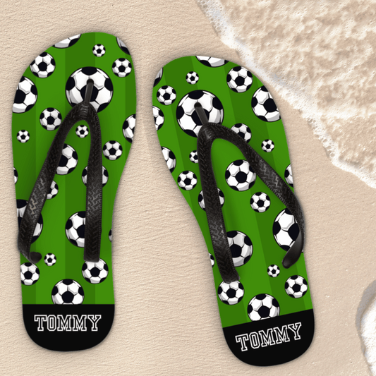 Adults custom name flip flops, football pattern with green soccer pitch background