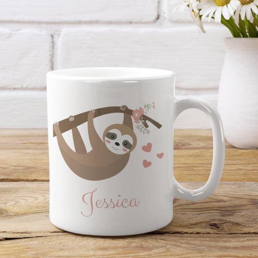 Custom-Printed Sloth Mug with Pink Hearts & Flowers