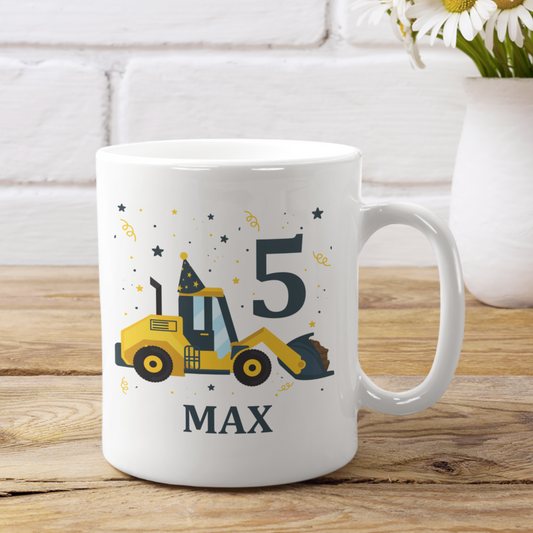 Kids birthday themed yellow and grey digger with party hat and confetti, personalised mug with name and age
