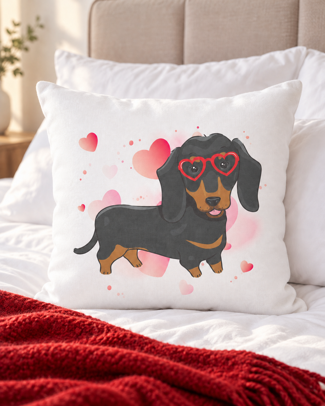 A square white canvas cushion cover styled on a bed with white bedding and a cozy red throw blanket. The cushion features a cartoon black and tan dachshund wearing red heart-shaped glasses, surrounded by soft pink floating hearts.