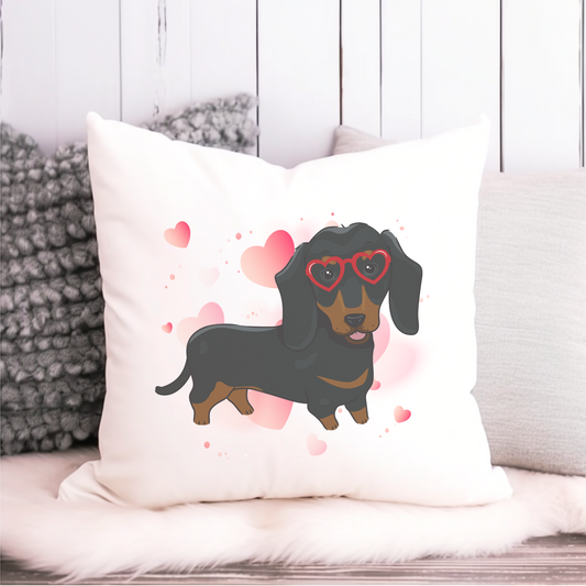 Cute dachshund wearing red heart sunglasses on a white cushion cover, surrounded by soft pink hearts – canvas-style printed cushion