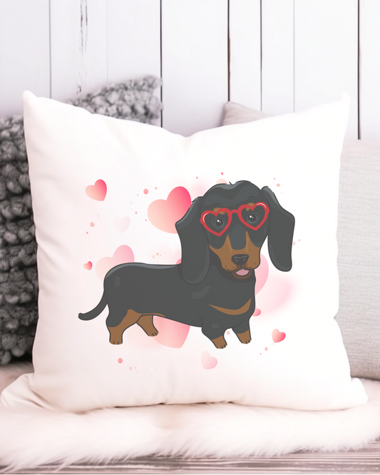 Cute dachshund wearing red heart sunglasses on a white cushion cover, surrounded by soft pink hearts – canvas-style printed cushion