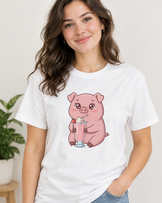 A dark-haired woman smiling in a white crew-neck t-shirt tucked into blue jeans. The shirt features a graphic illustration of a cute pink pig drinking a strawberry milkshake topped with whipped cream and a strawberry.