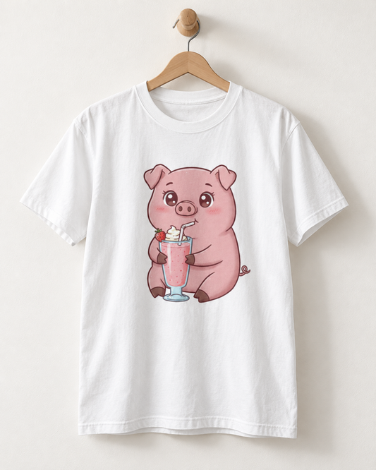 A white crew-neck t-shirt hanging on a wooden wall peg against a cream background. The tee is printed with an illustration of a cute pink pig happily sipping a strawberry milkshake with whipped cream through a straw.