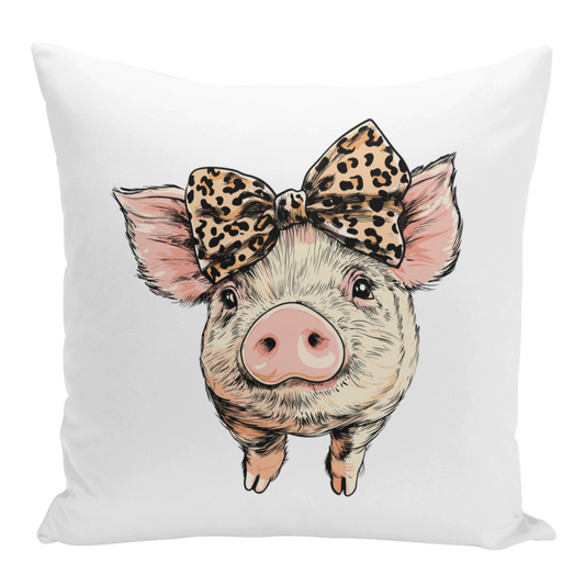 A cushion cover featuring an illustration of a cute pig wearing a leopard print bow.