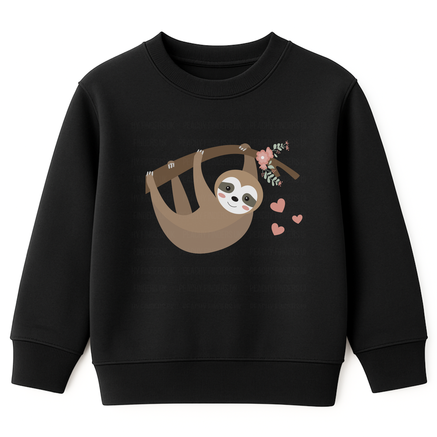 Girls black sweatshirt featuring an adorable sloth hanging from a flower-decorated branch with pink hearts, displayed flat on a white background.