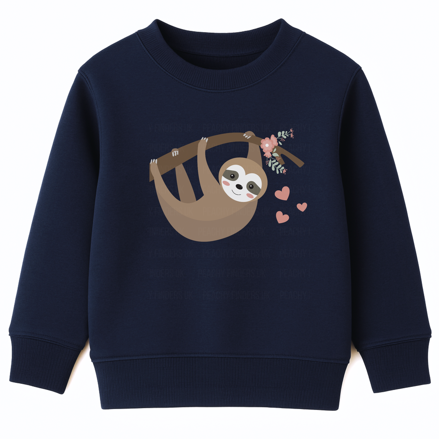 Girls navy sweatshirt featuring an adorable sloth hanging from a flower-decorated branch with pink hearts, displayed flat on a white background.
