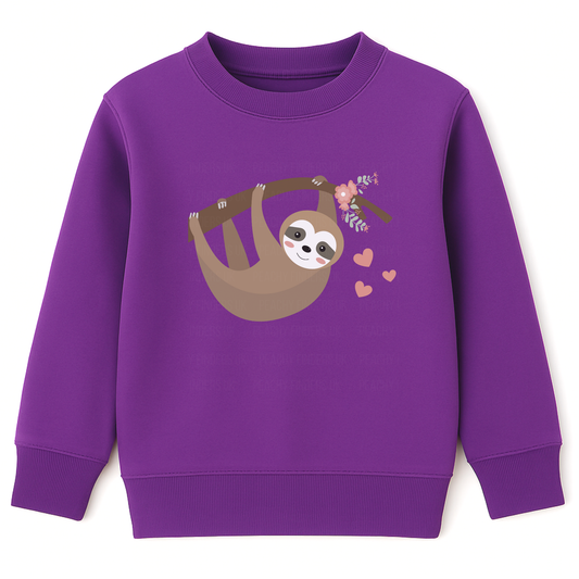 Girls purple sweatshirt featuring an adorable sloth hanging from a flower-decorated branch with pink hearts, displayed flat on a white background.