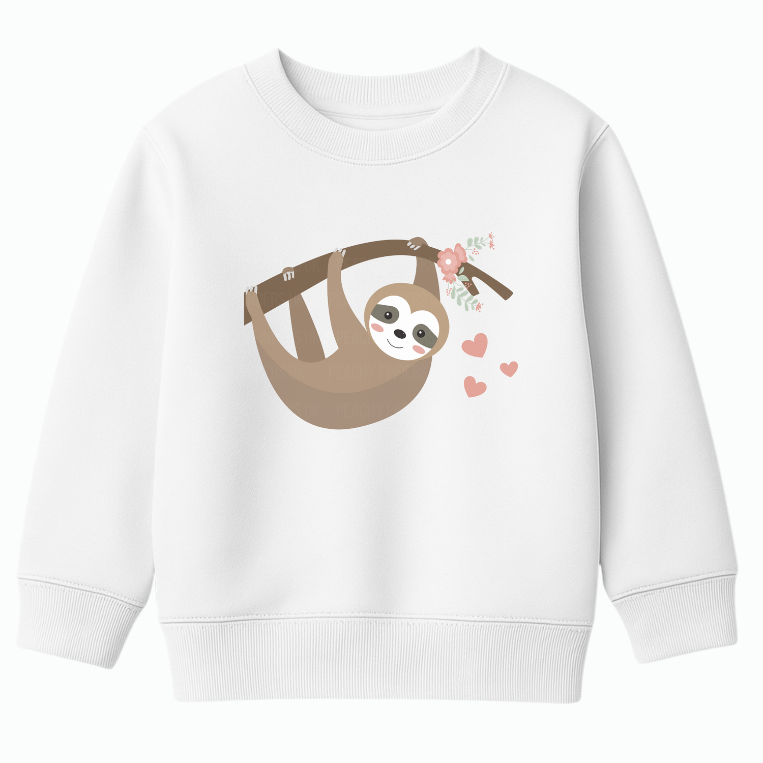Girls white sweatshirt featuring an adorable sloth hanging from a flower-decorated branch with pink hearts, displayed flat on a white background.