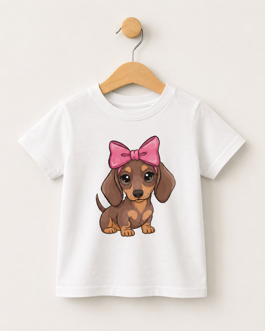 A girls white short-sleeve kids t-shirt hanging on a wooden hanger against a light beige wall. The shirt features a cartoon graphic of a brown dachshund wearing an over-sized pink bow.