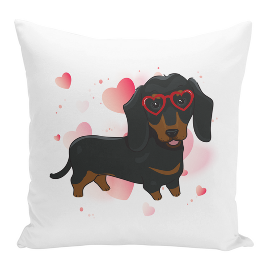 Cute dachshund wearing red heart sunglasses on a white cushion cover, surrounded by soft pink hearts – canvas-style printed cushion, ideal for girls or dog lovers.