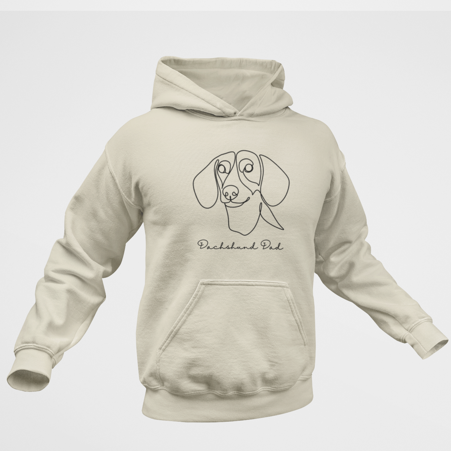 Adult unisex hoodie in milkshake colour featuring minimalist line art dachshund illustration with “Dachshund Dad” text.