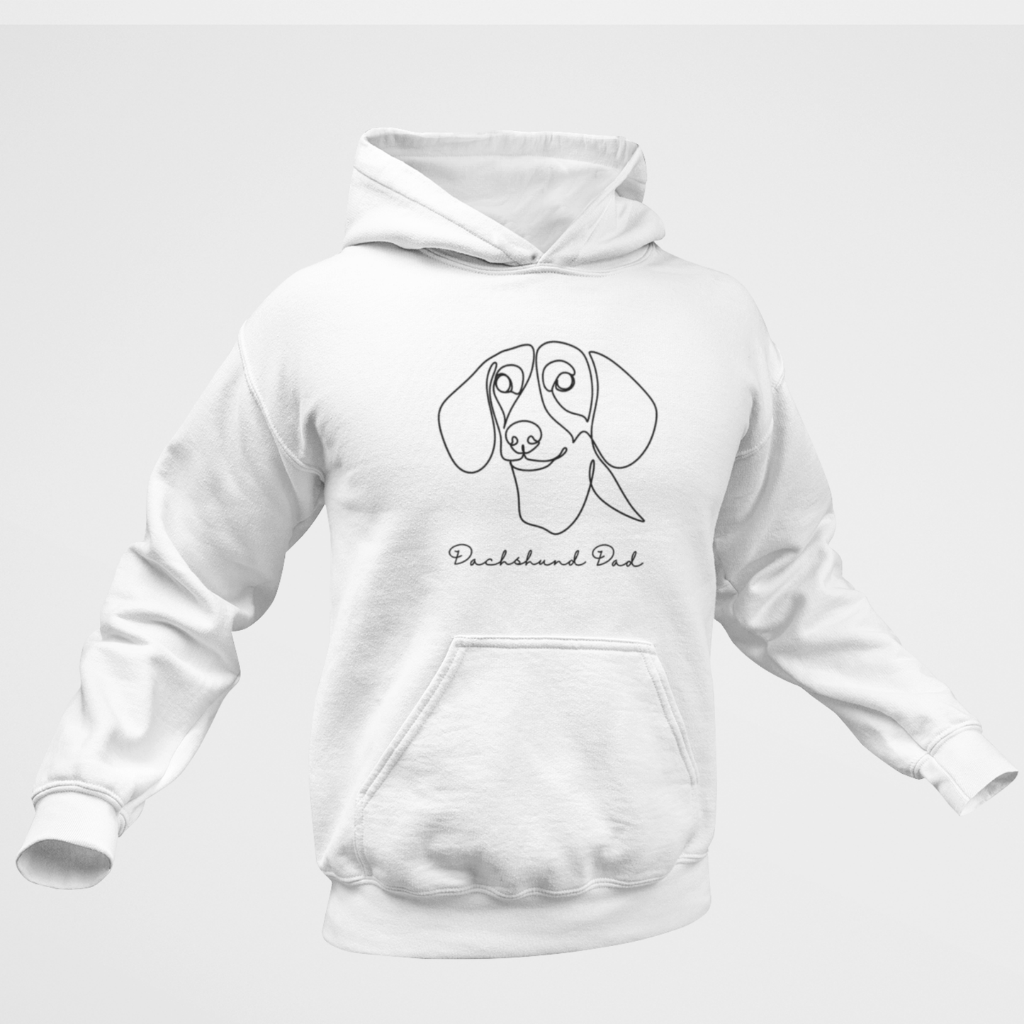 Adult unisex white hoodie displaying minimalist dachshund line art graphic and “Dachshund Dad” text.