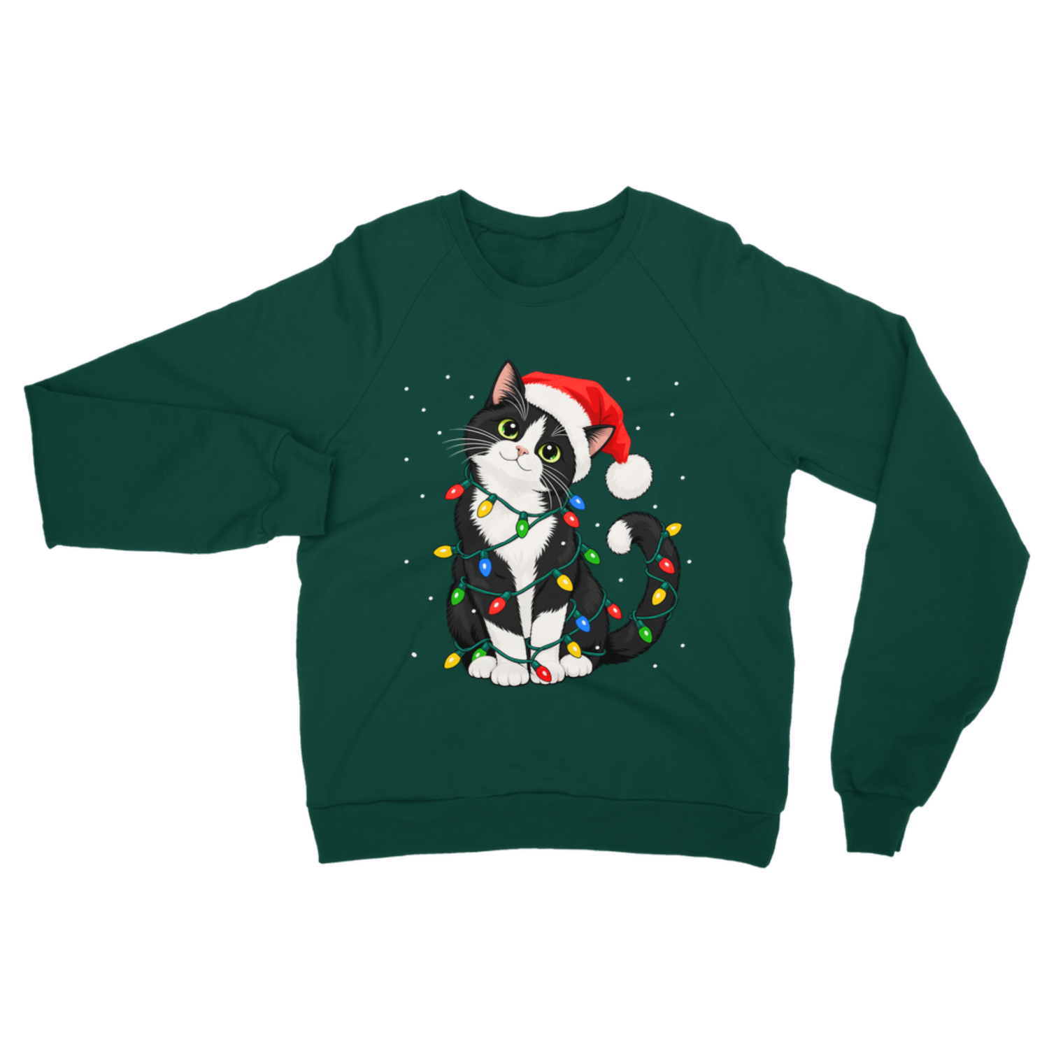 A dark green crewneck sweatshirt featuring a graphic of a black and white cat wearing a red Santa hat and wrapped in multicolored Christmas lights, set against a plain white background.