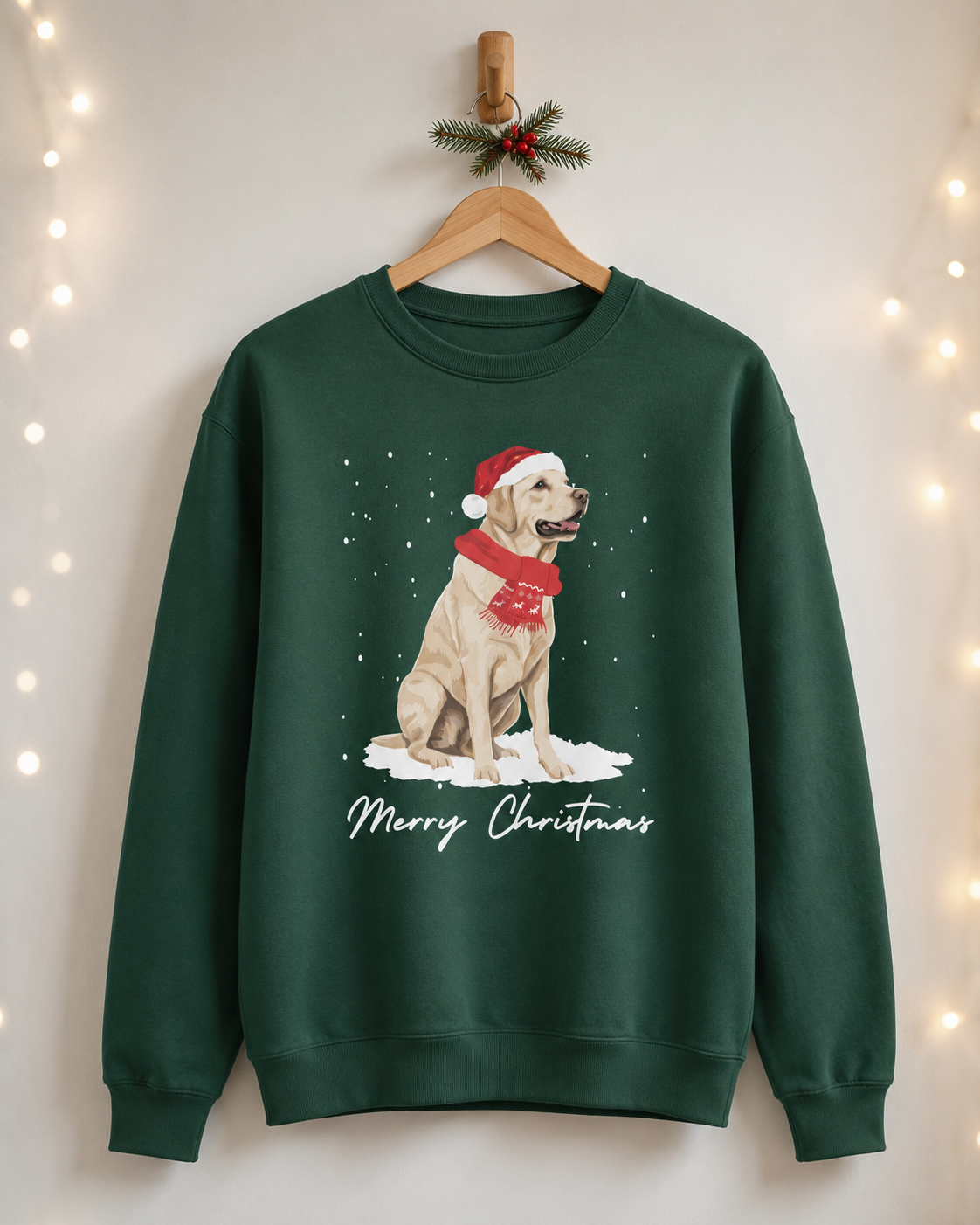 A dark green crewneck sweatshirt hanging on a wooden hanger against a warm, softly lit background with decorative fairy lights. The sweatshirt features a graphic of a yellow Labrador dog  wearing a red Santa hat and scarf, sitting in the snow with 'Merry Christmas' written below.