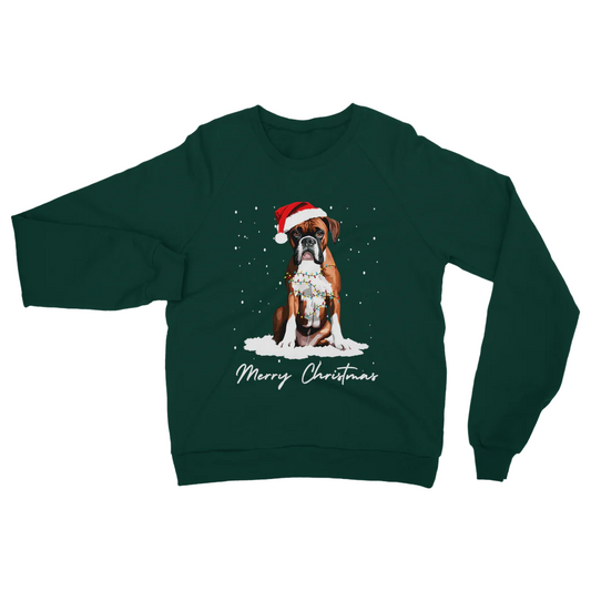 Dark green adult sweatshirt featuring a festive boxer dog wearing a Santa hat, tangled in Christmas lights, sitting in snow with “Merry Christmas” text.