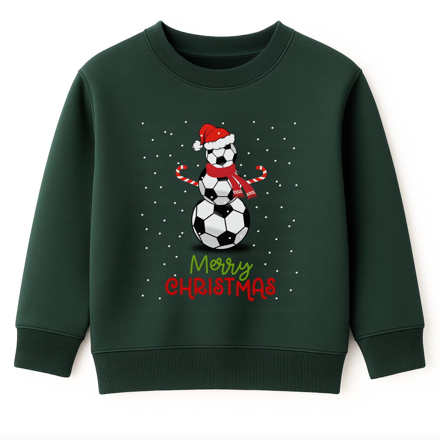 Kids dark green Christmas sweatshirt featuring a festive snowman made of stacked footballs wearing a red Santa hat and scarf, candy cane arms, with falling snow and the text “Merry Christmas” in red and green beneath.