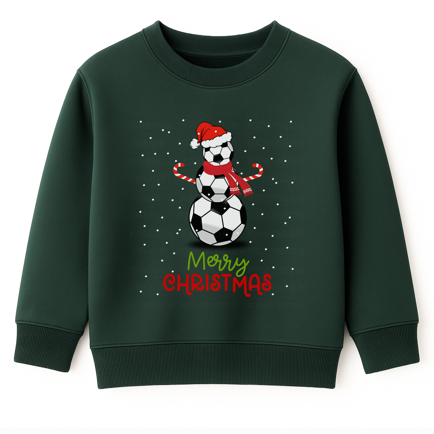 Kids dark green Christmas sweatshirt featuring a festive snowman made of stacked footballs wearing a red Santa hat and scarf, candy cane arms, with falling snow and the text “Merry Christmas” in red and green beneath.