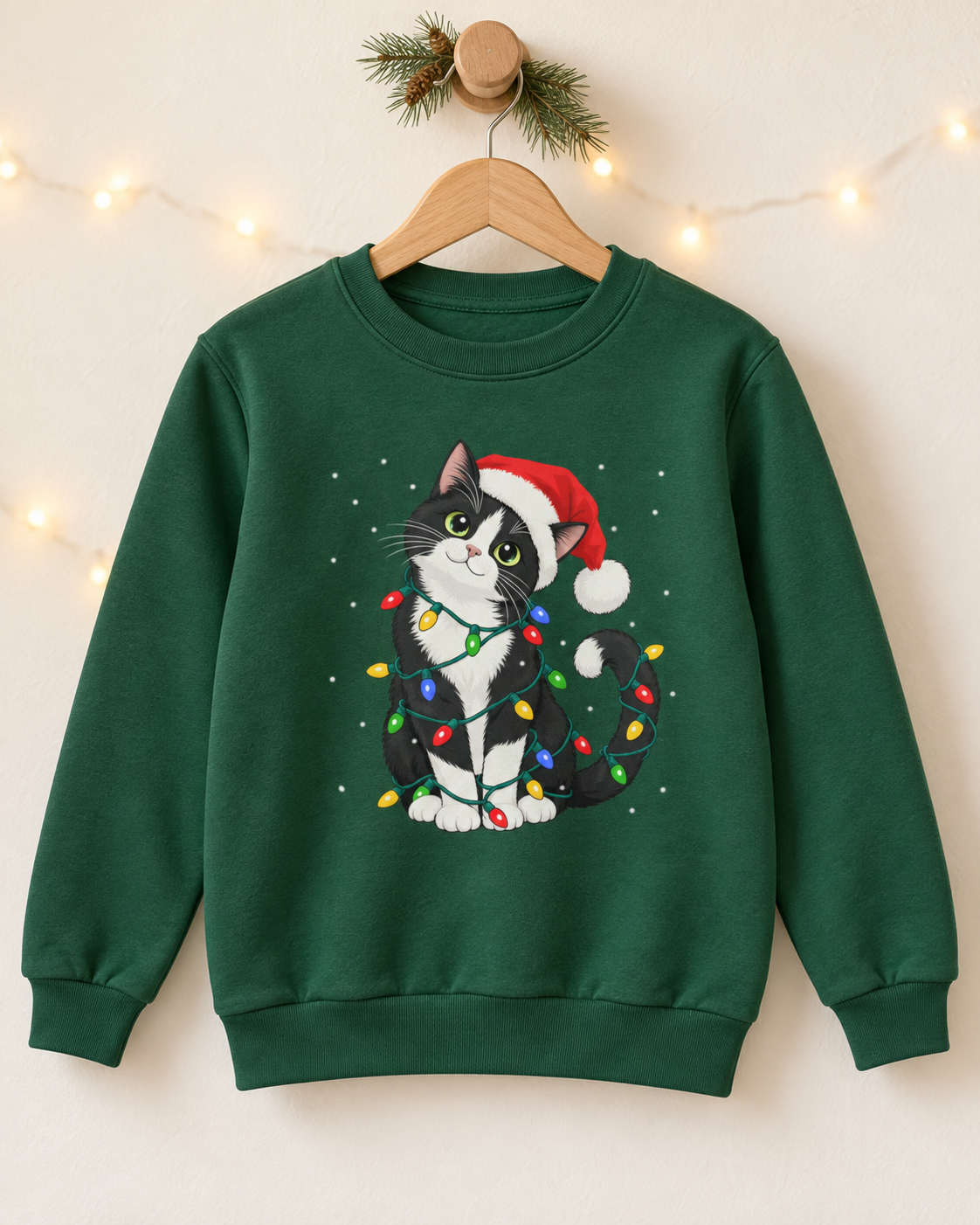 Dark green kids crewneck sweatshirt hanging on a wooden hanger, featuring a graphic of a tuxedo cat wearing a red Santa hat and fairy lights against a cozy festive background.