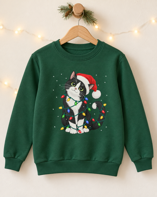 Dark green kids crewneck sweatshirt hanging on a wooden hanger, featuring a graphic of a tuxedo cat wearing a red Santa hat and fairy lights against a cozy festive background.