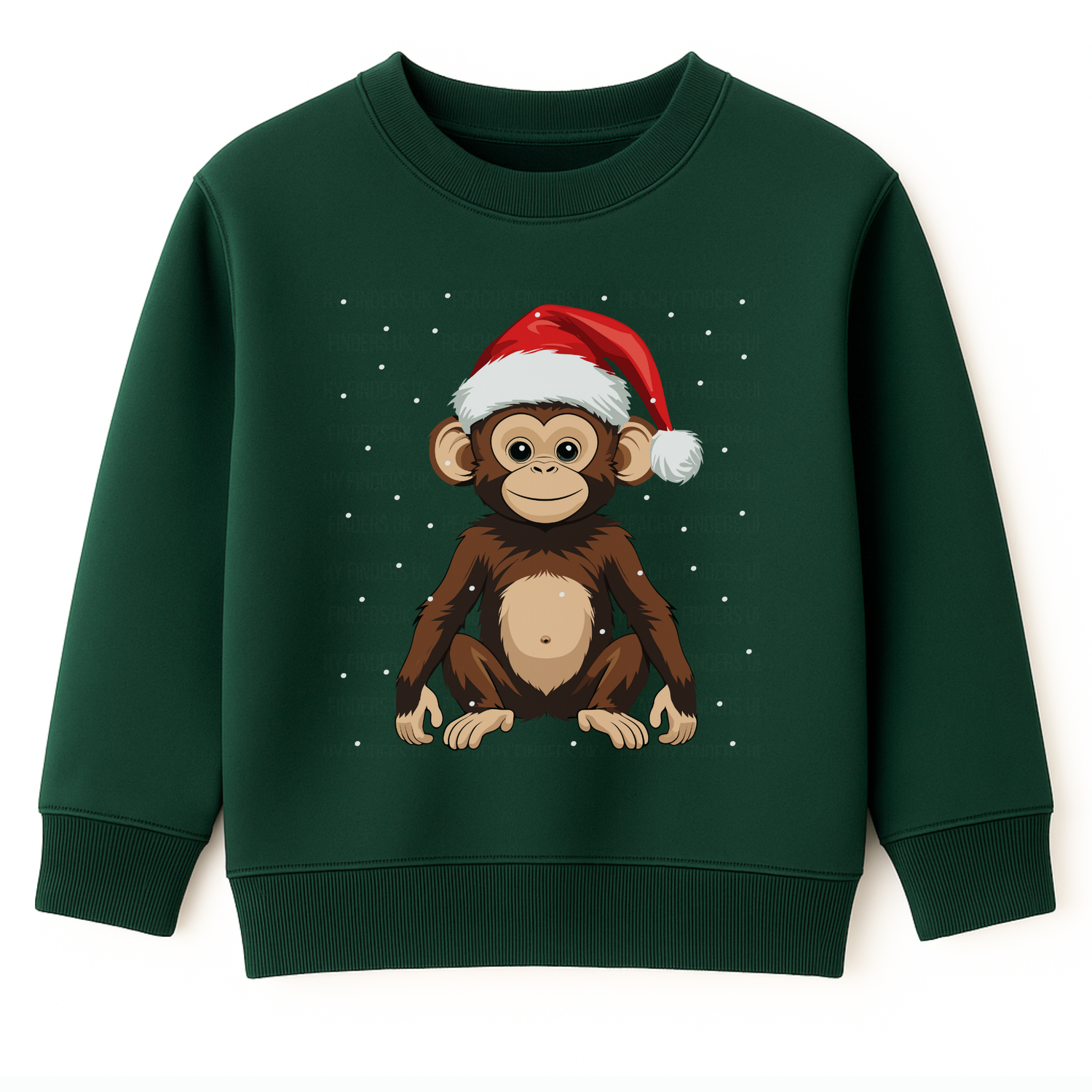 Kids dark green Christmas sweatshirt featuring a cute monkey wearing a red Santa hat, sitting in snow with falling snowflakes - festive children’s jumper.